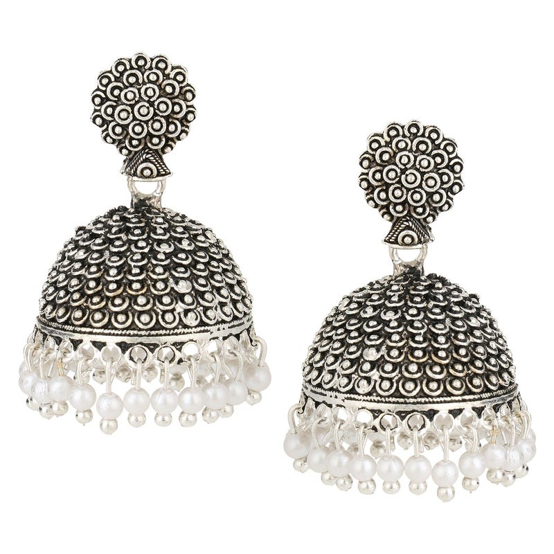 Efulgenz Silver Tone Jhumka Earrings for Women Oxidized Indian Earrings Boho Oxidized Traditional Temple Jhumki Earrings for Women Indian Oxidized Jewelry - Image 1